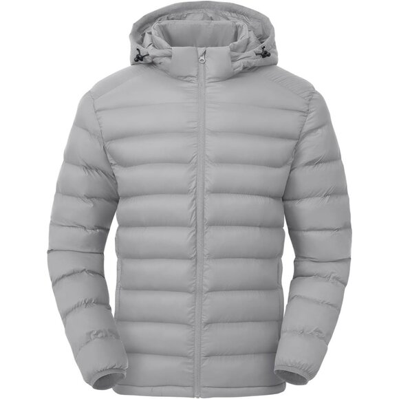 Men’s Light Gray 100% Nylon Hooded Zip-Up Lightweight Warm Winter Puffer Jacket